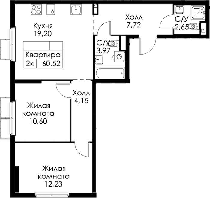 2-комнатная квартира 60.52 м², 14/15 эт., ЖК «Янинский лес»